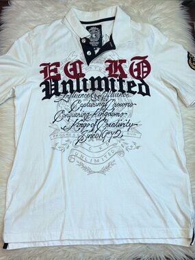 VTG Ecko Unlimited The Royal Rhino Embroidered Polo Shirt Mens M Crest Patch